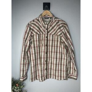 EMS Shirt Mens Medium Brown Orange Plaid Vented Fishing Performance Long Sleeve